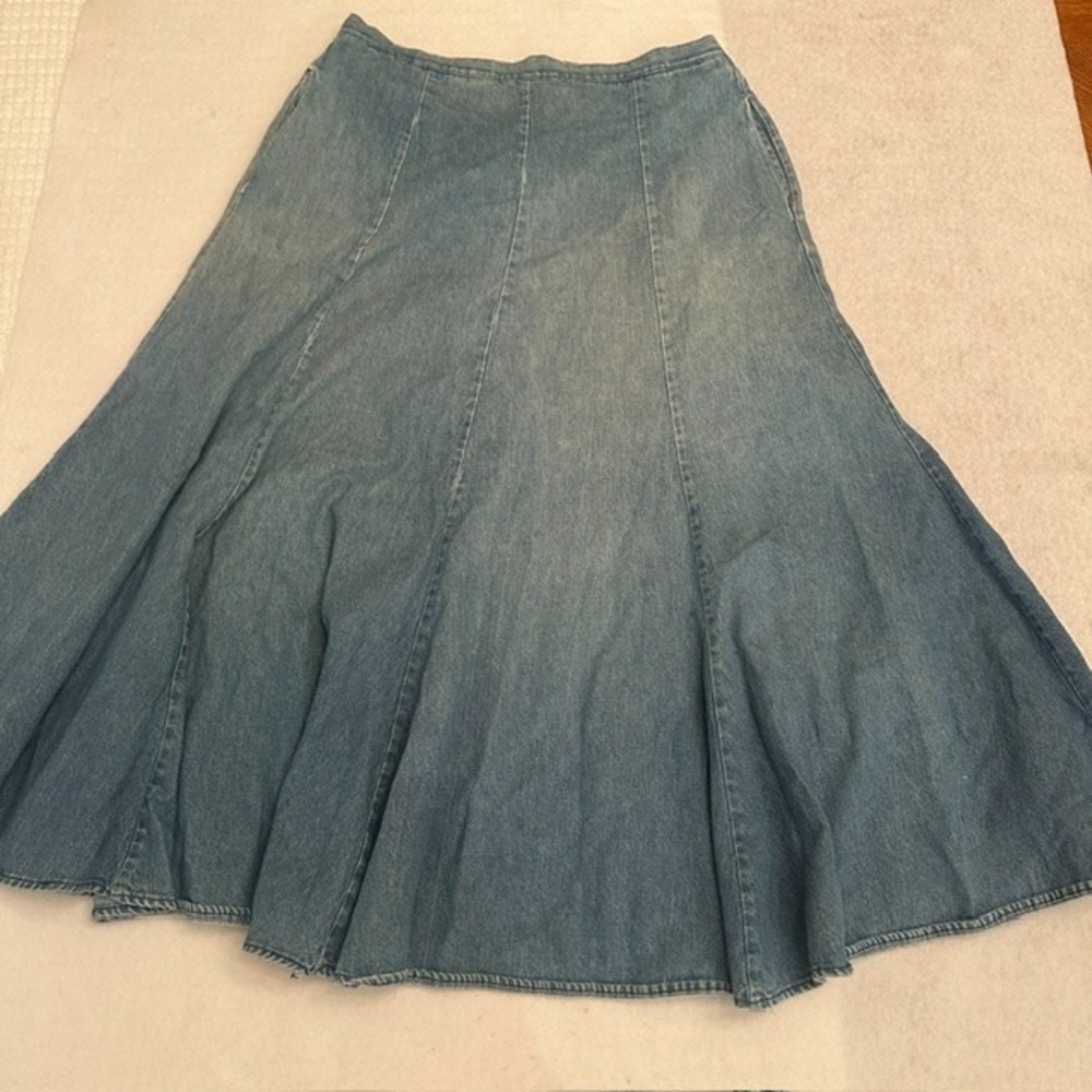 Vintage 80s Palm Club Denim Flared Skirt Light Blue A Line Midi Waist 30 in